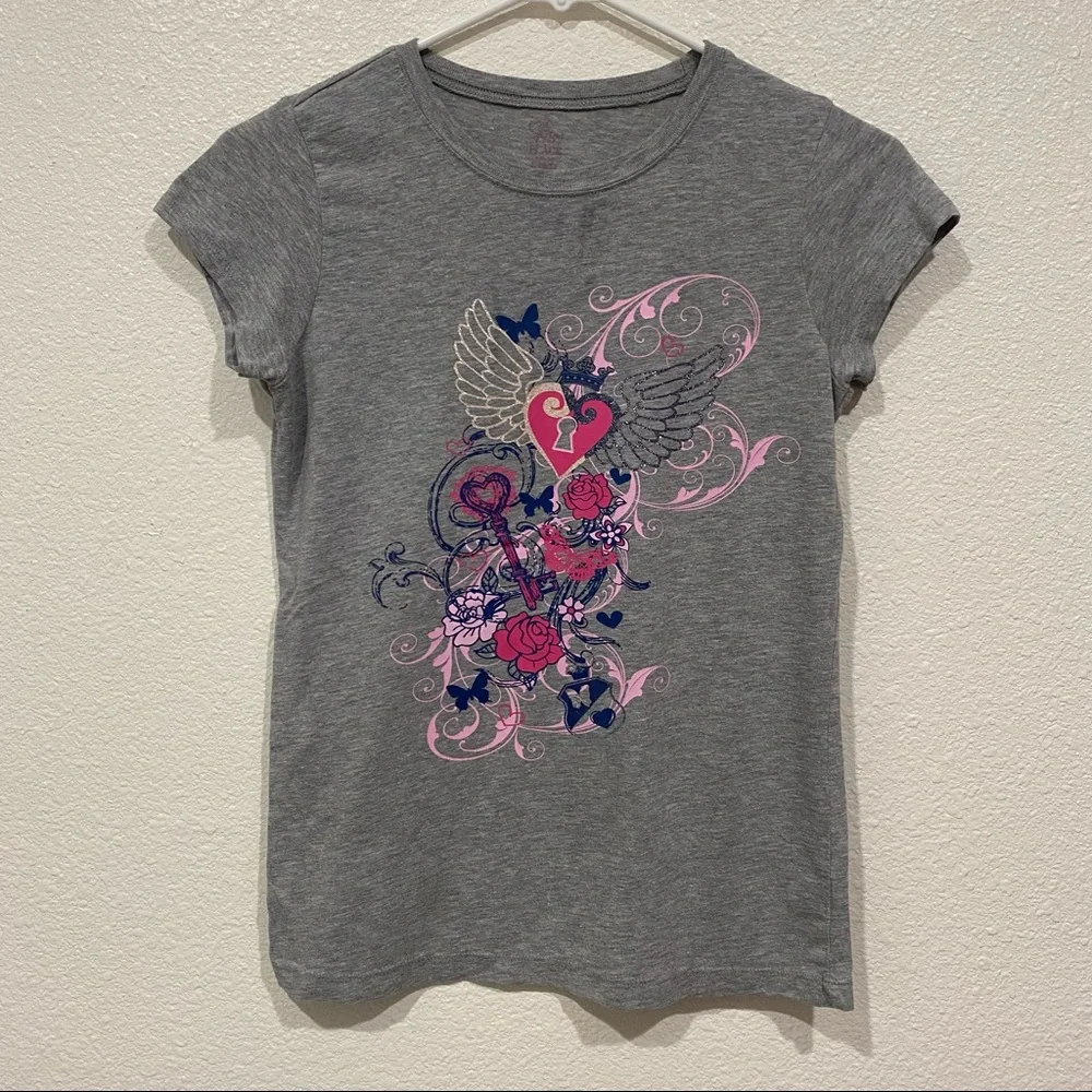 Kids The Children's Place Girls Gray Pink Glitter Floral T-Shirt 13/14